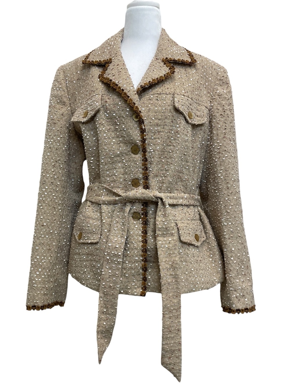 Lew Magram Collection Beige & Pink Ribbon Tweed Flower Button Blazer